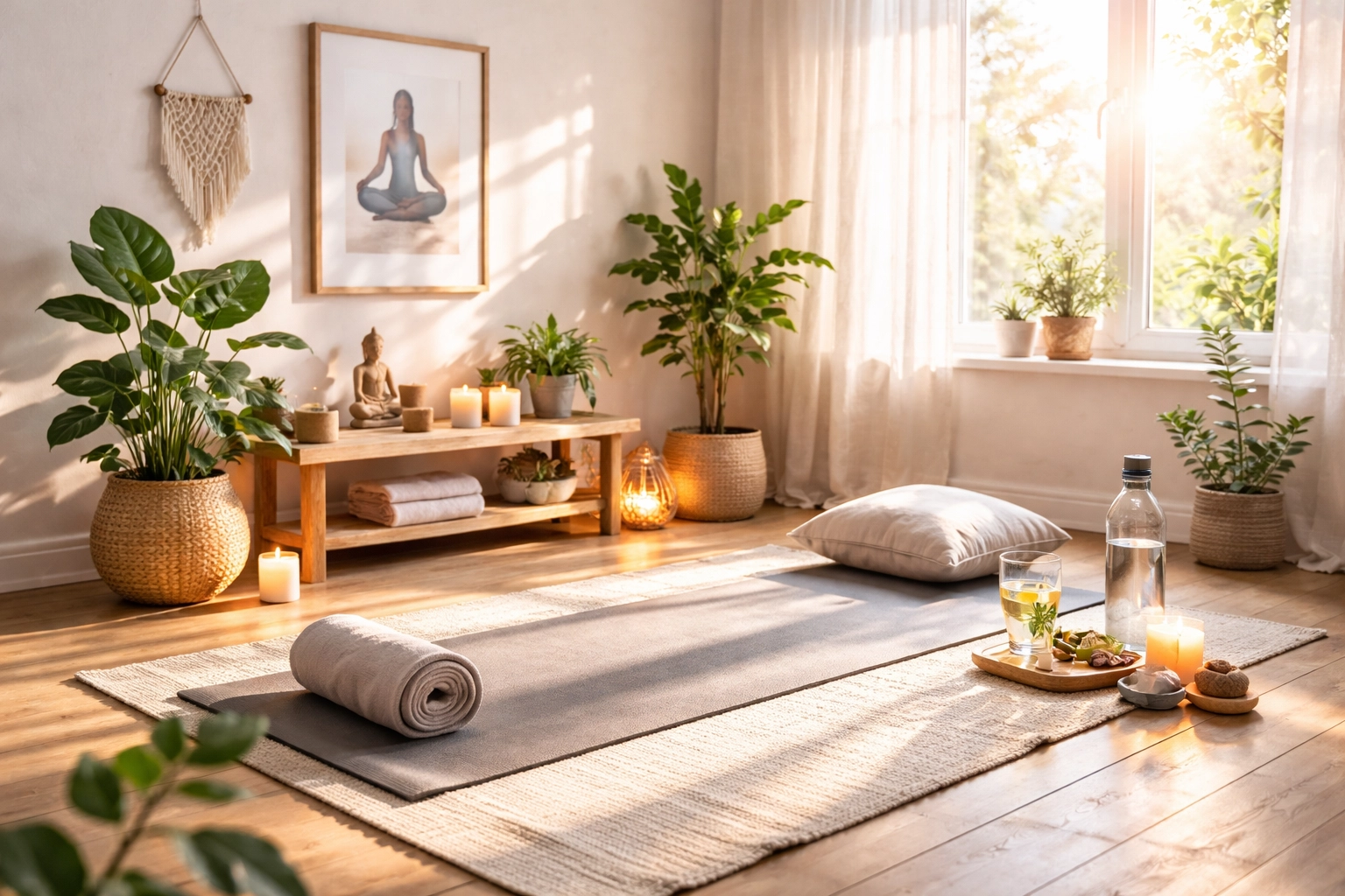 yoga space with a mat, plant, water bottle, and soft light. yoga space with a mat, plant, water bottle, and soft light.